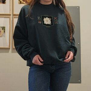 Vintage Dark Green Crewneck Embroidered Sweatshirt